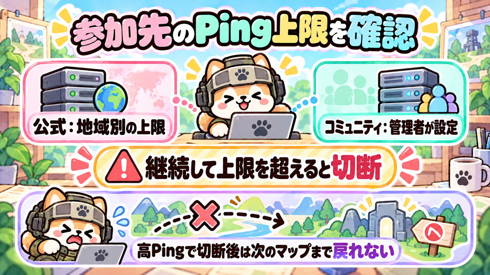 公式は地域別、コミュニティは管理者のPing上限を確認。高Pingで切断後は次のマップまで再参加できない