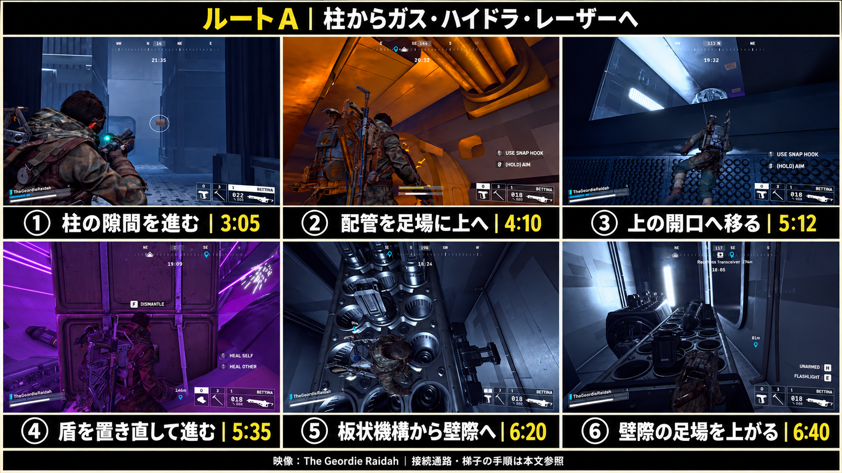 ルートA：柱、配管、ハイドラ室の開口、盾とレーザー、板状機構と壁際の足場