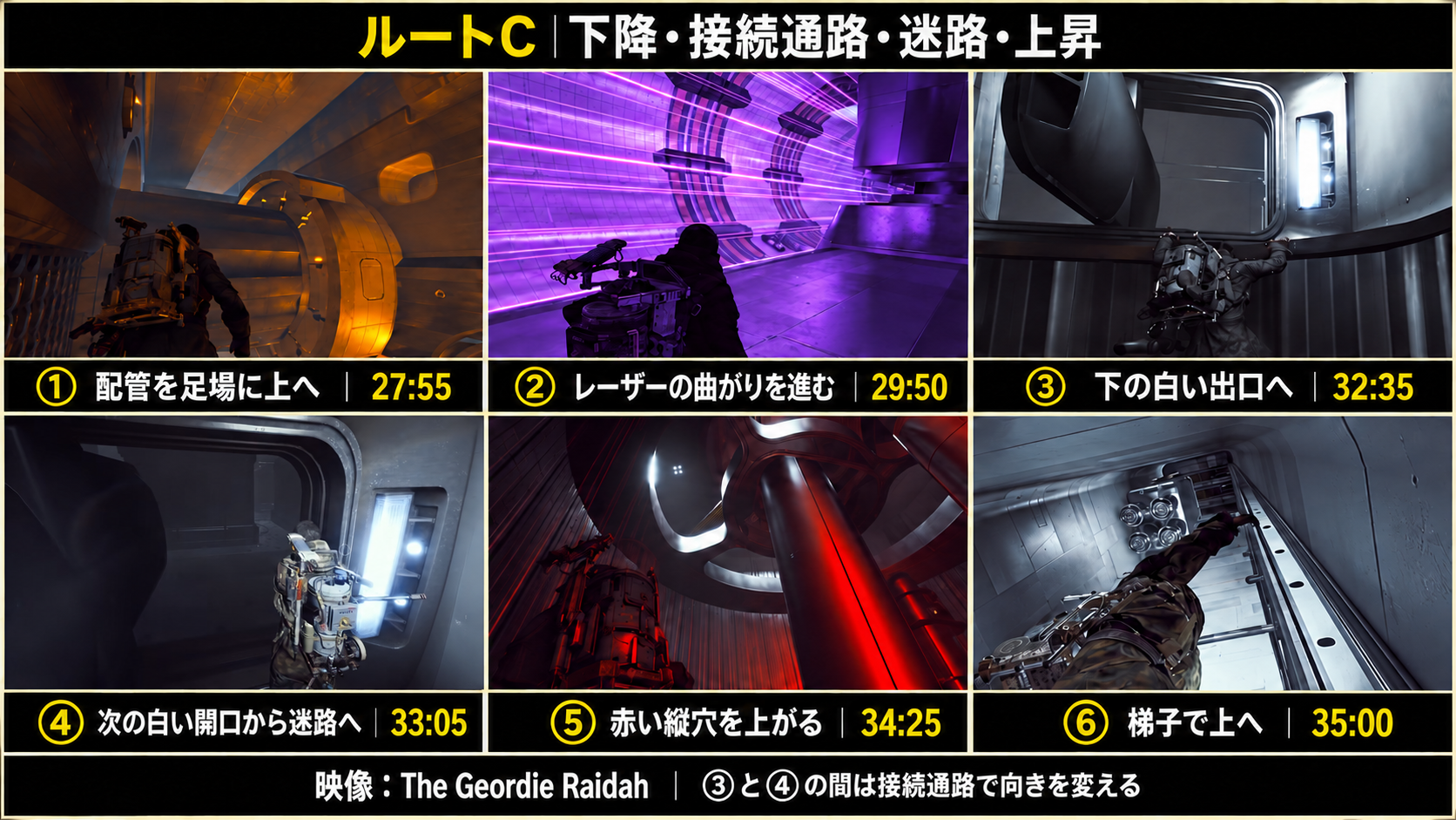 ルートC：配管、レーザー、下の白い出口、接続通路後の迷路入口、赤い縦穴上昇と梯子