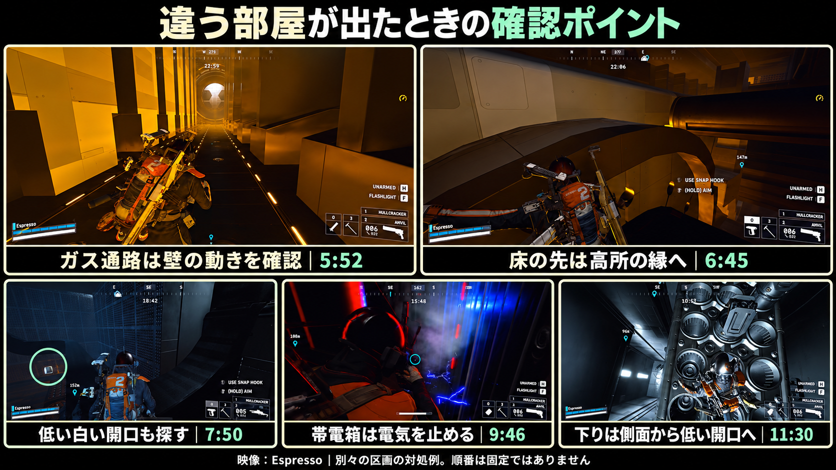 部屋別の確認：ガス通路、高所の縁、低い開口、帯電箱、側面から下る足場