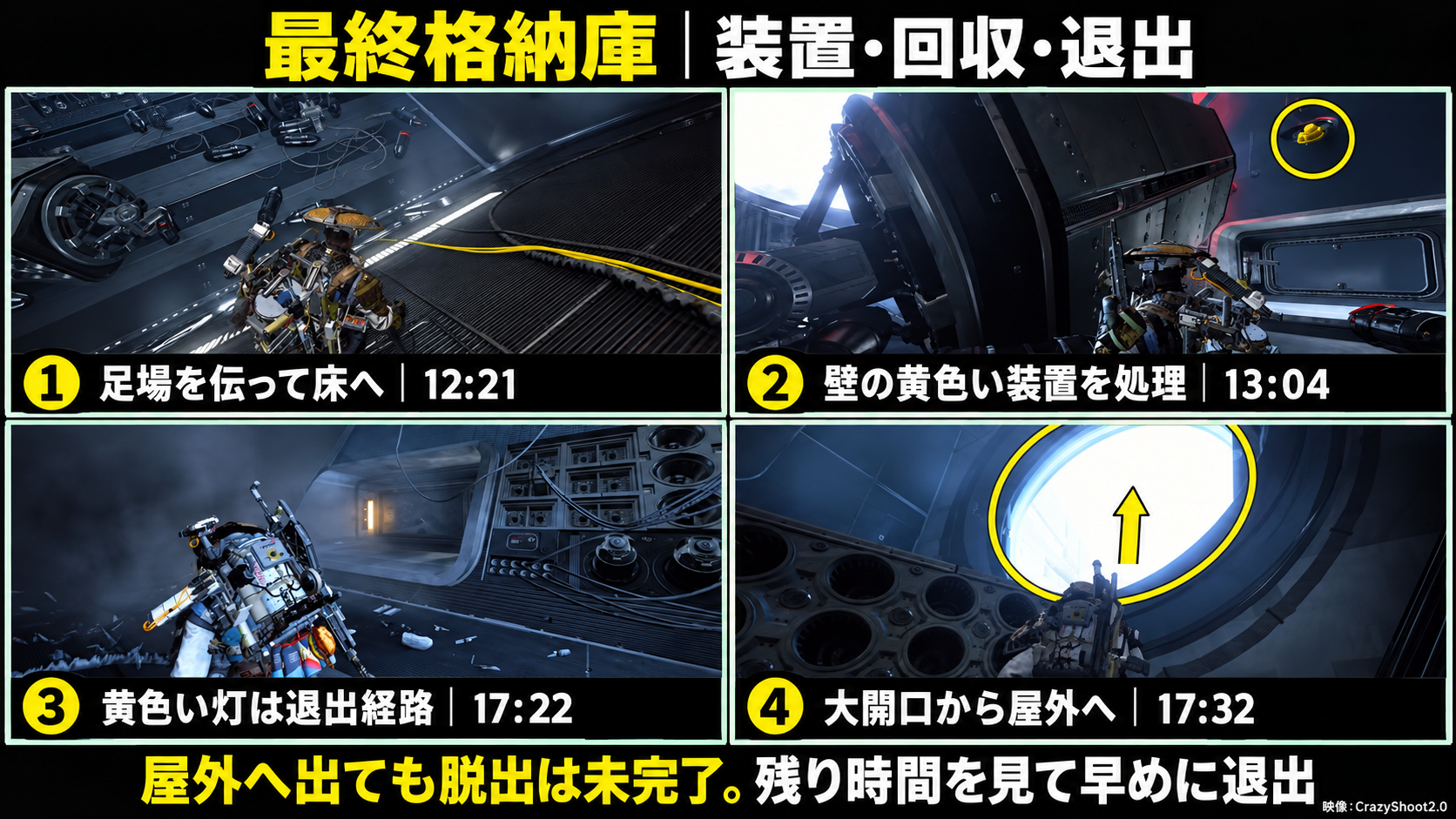 最終格納庫：足場から床へ、黄色い装置、黄色い退出灯、屋外への大開口